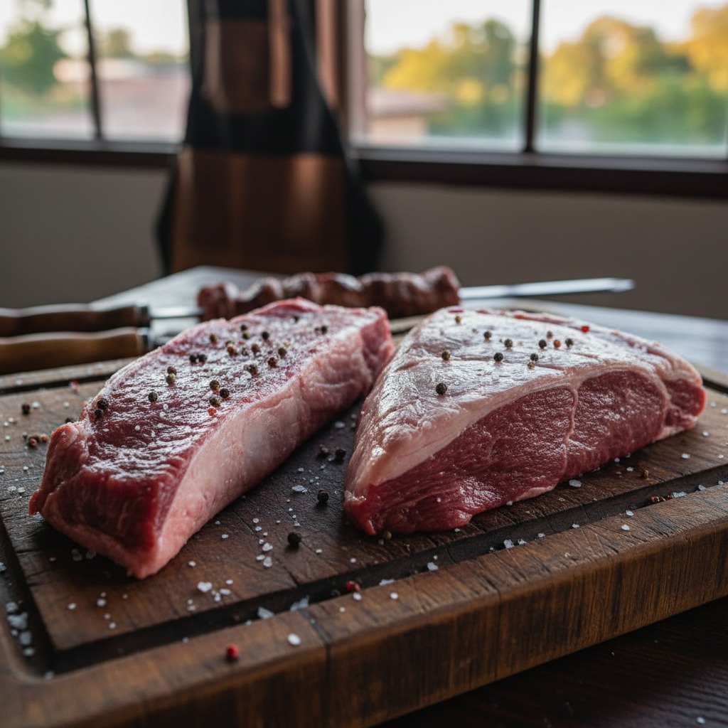 fraldinha e maminha cruas lado a lado sobre tábua de madeira prontas para churrasco