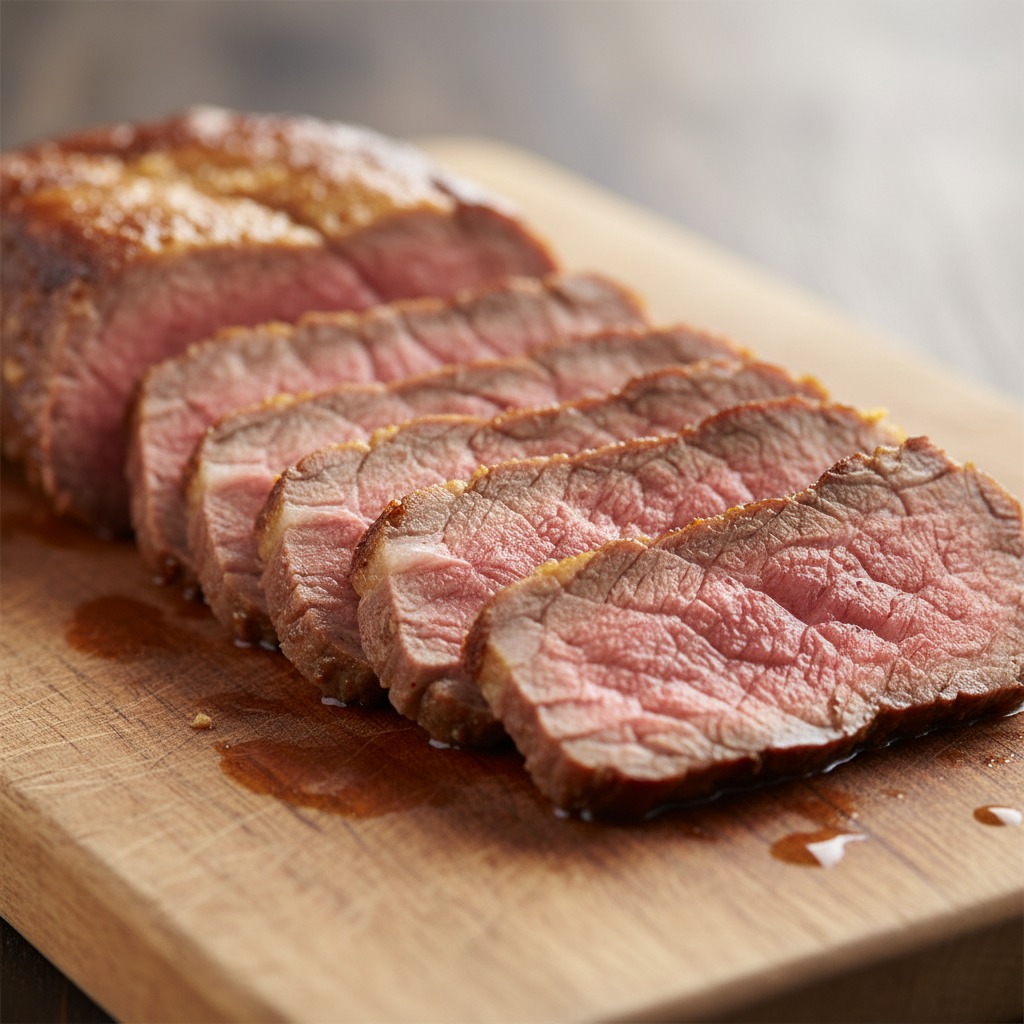 carne assada fatiada no ponto suculenta sobre tábua de madeira