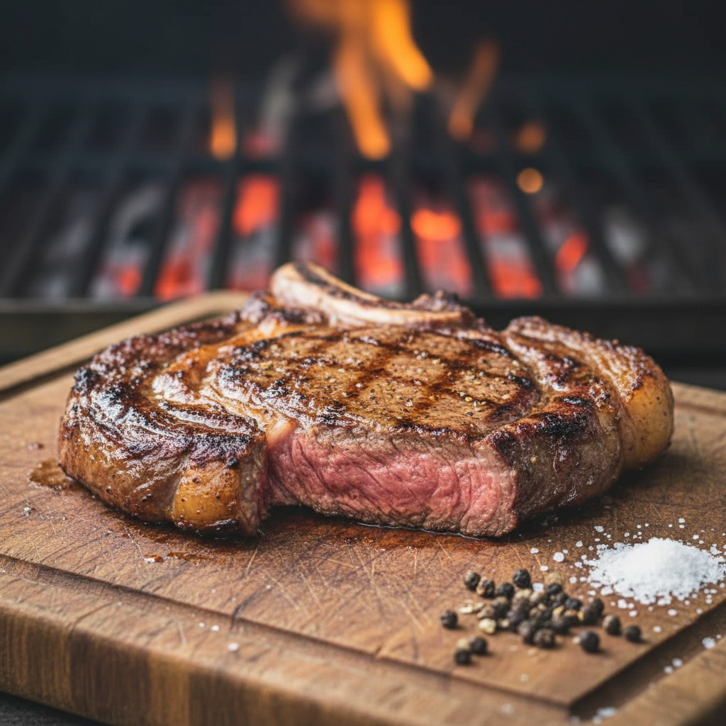 chuleta assada no ponto na churrasqueira com carne suculenta e dourada