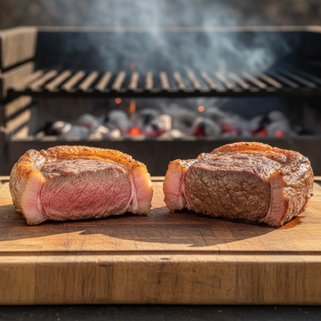 comparação ponto da carne picanha ao ponto e bem passada churrasco