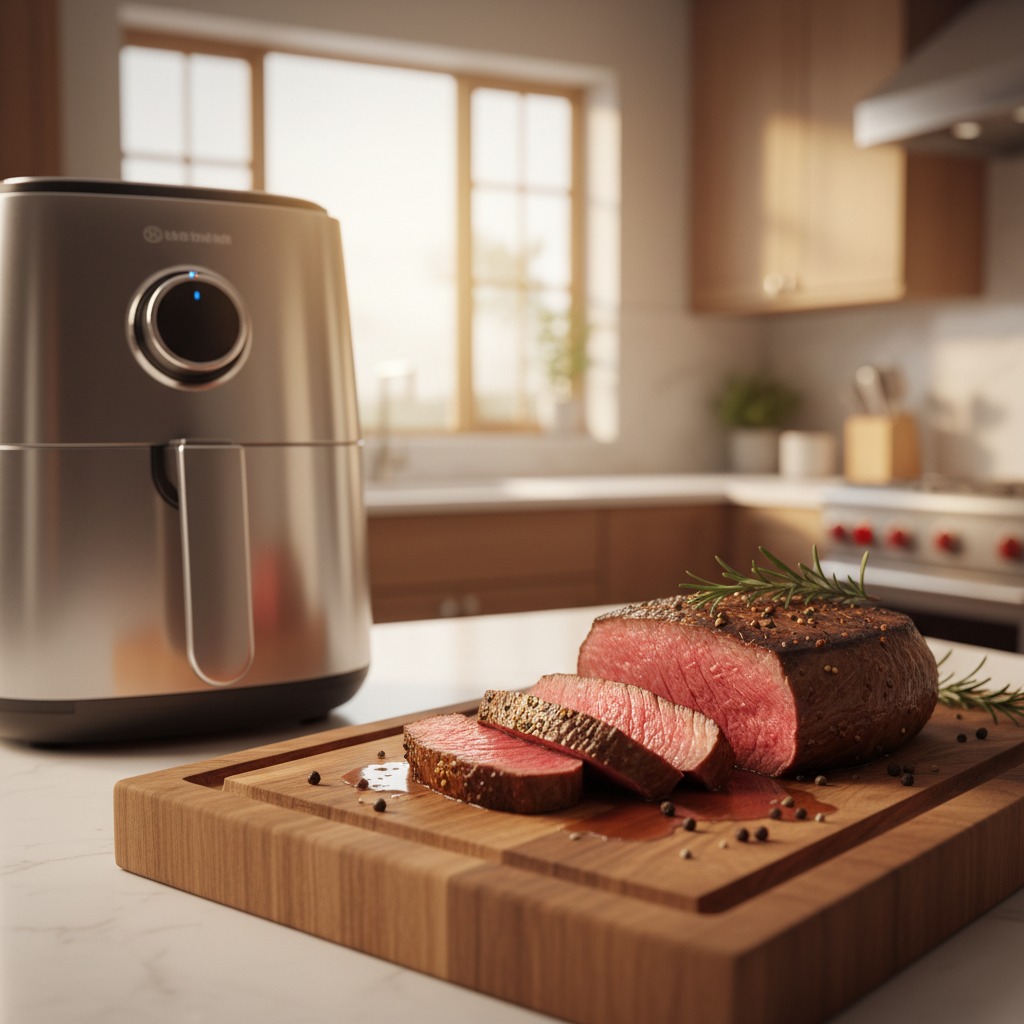 carne na air fryer com gosto de churrasco suculenta ao ponto na tábua