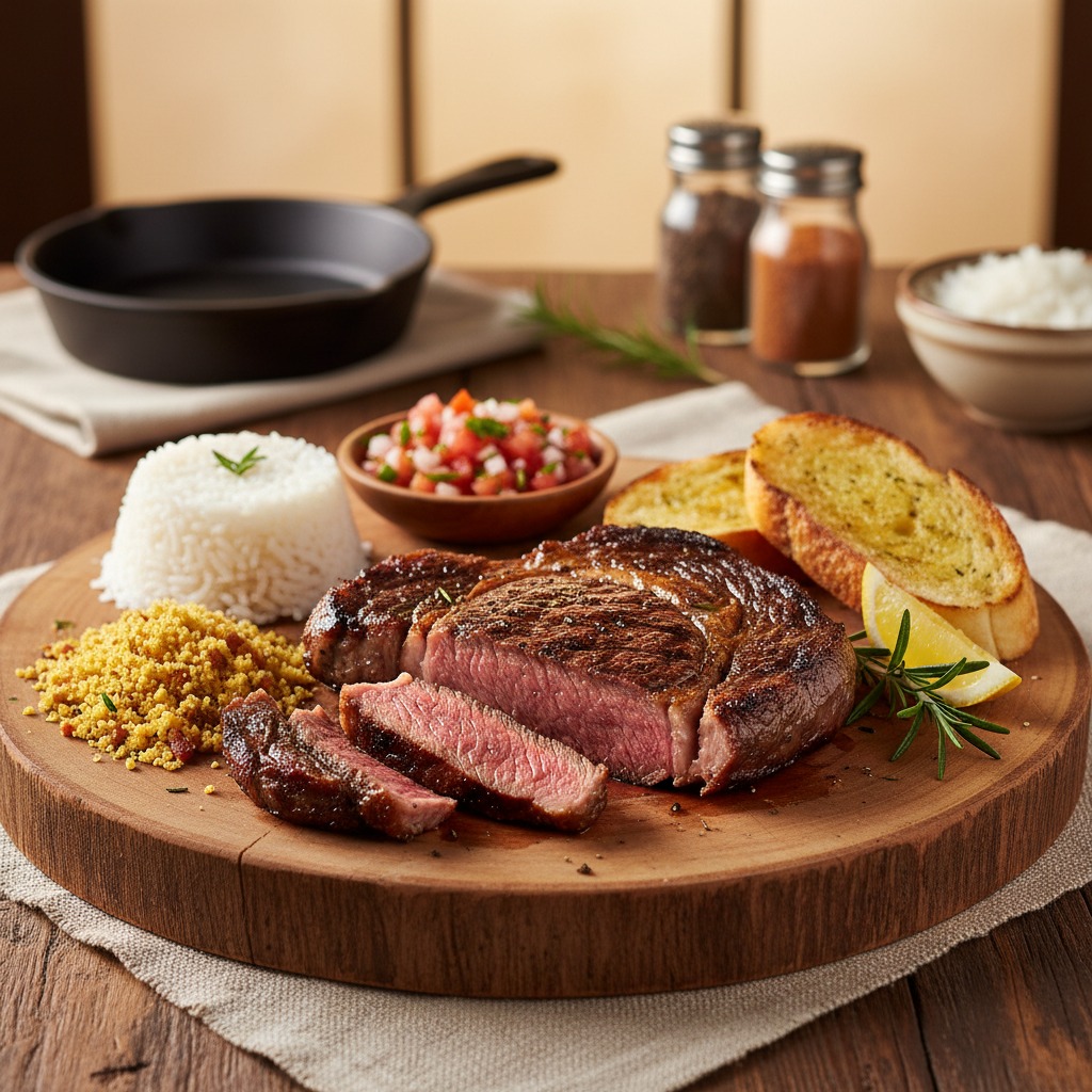 refeição com carne na air fryer estilo churrasco e acompanhamentos simples
