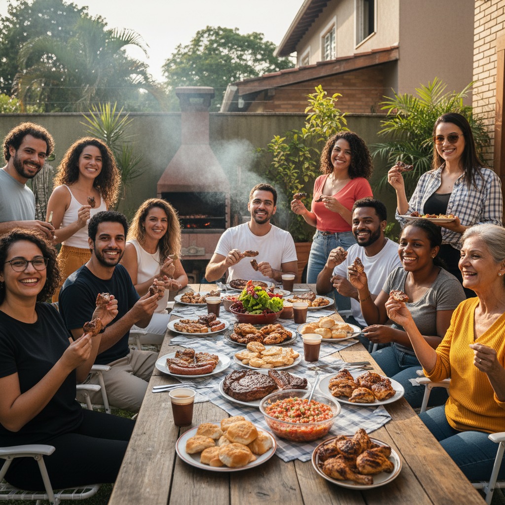churrasco para 10 pessoas com grupo de amigos comendo carne e se divertindo