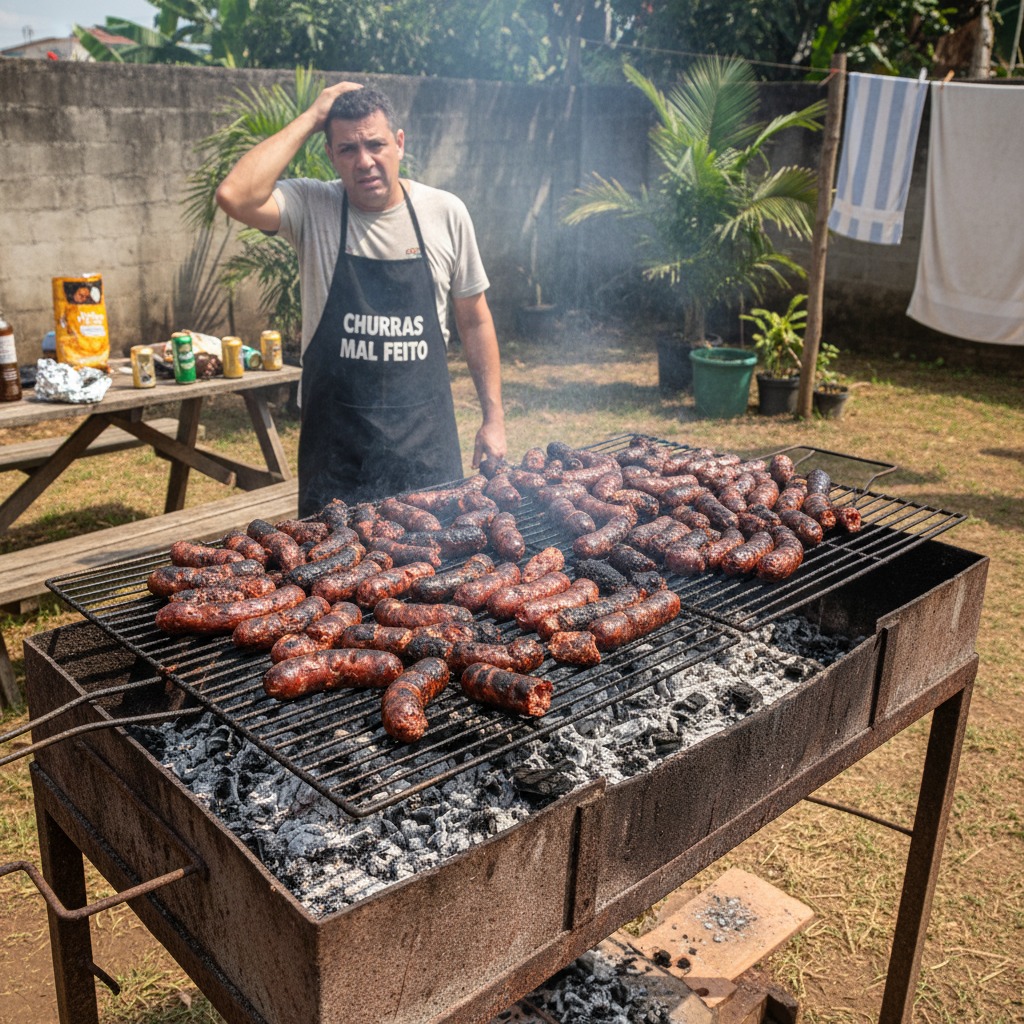 churrasco para 10 pessoas com erros: linguiça queimada na grelha com excesso de carvão