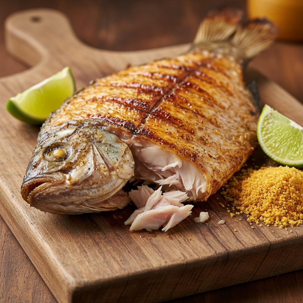 tambaqui na brasa assado com pele dourada servido na tábua