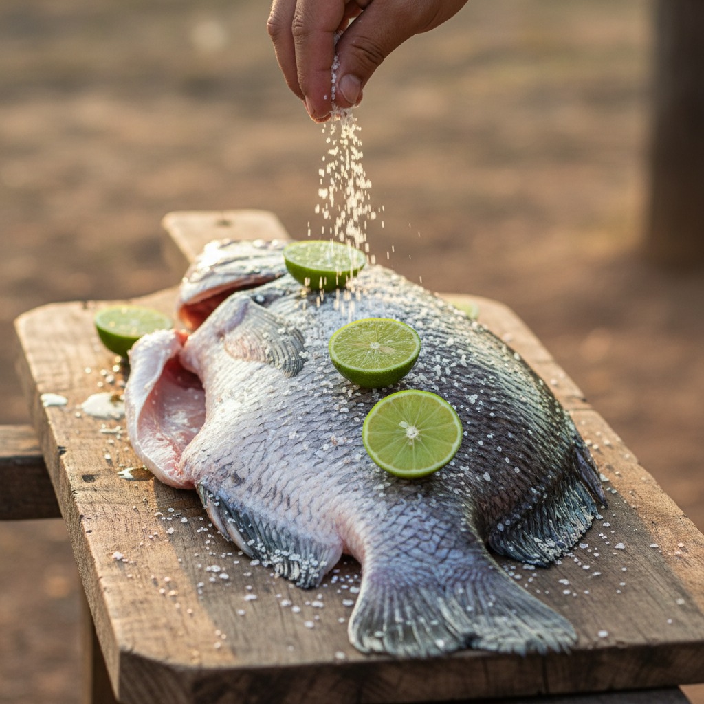 tambaqui cru aberto sendo temperado com sal grosso e limão
