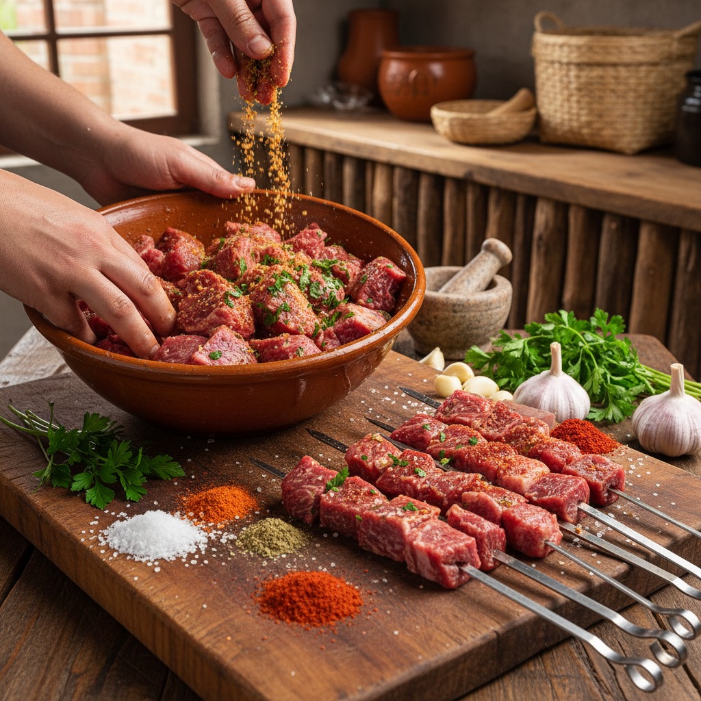temperando carne para espetinho de churrasco