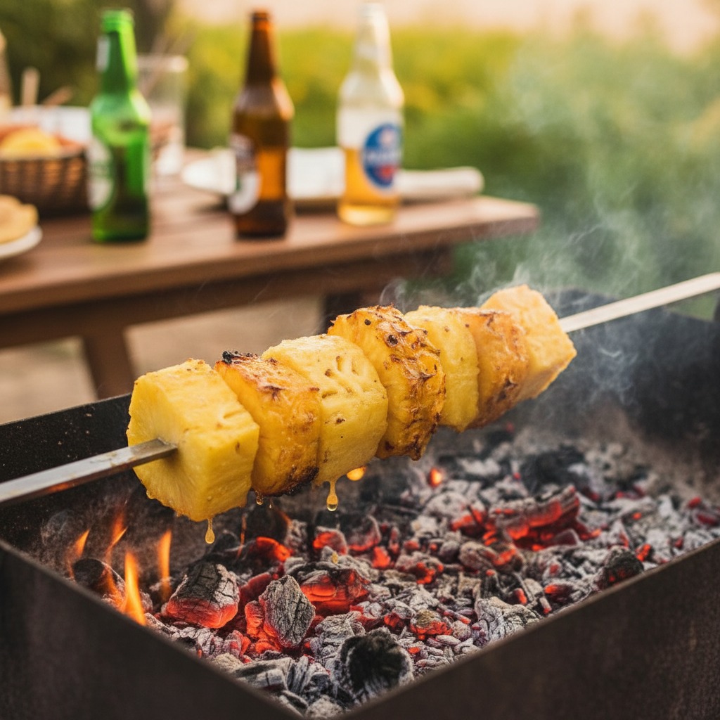 espeto de abacaxi na churrasqueira ajudando na digestão após churrasco