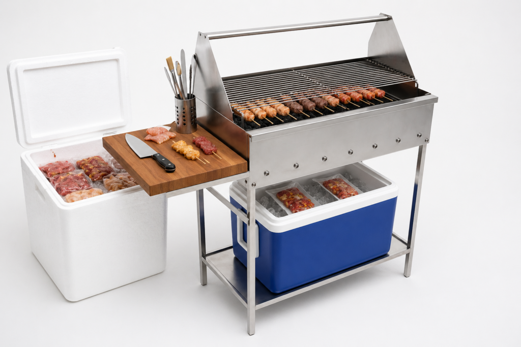 equipamentos para vender espetinho com churrasqueira média, caixa térmica e utensílios de preparo