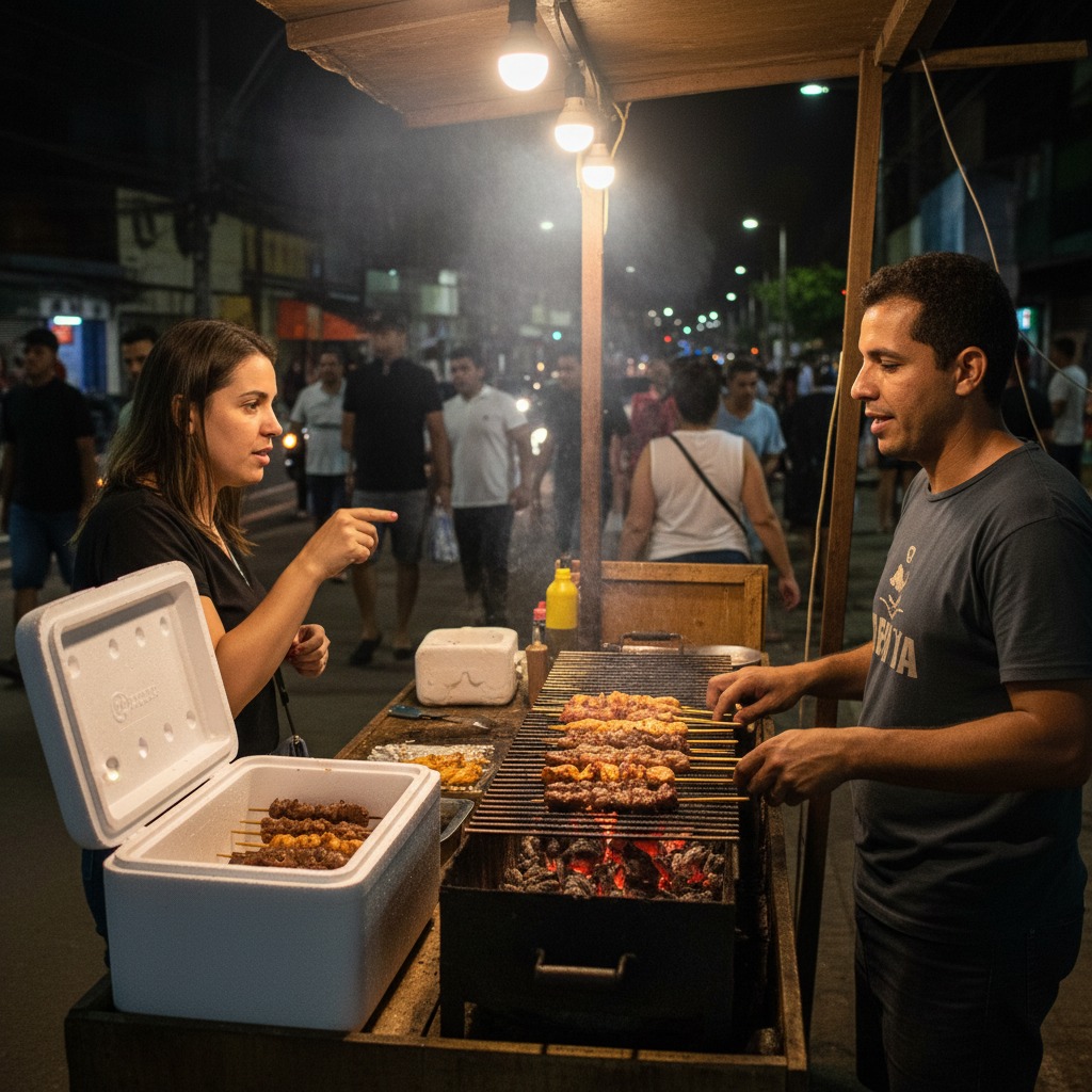 cliente escolhendo espetinho enquanto vendedor atende na churrasqueira com isopor ao lado
