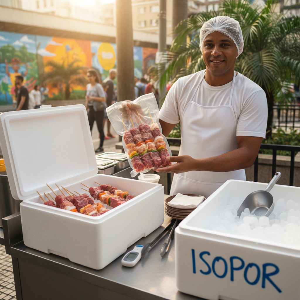 vendedor de espetinho usando cooler e isopor para conservar carne