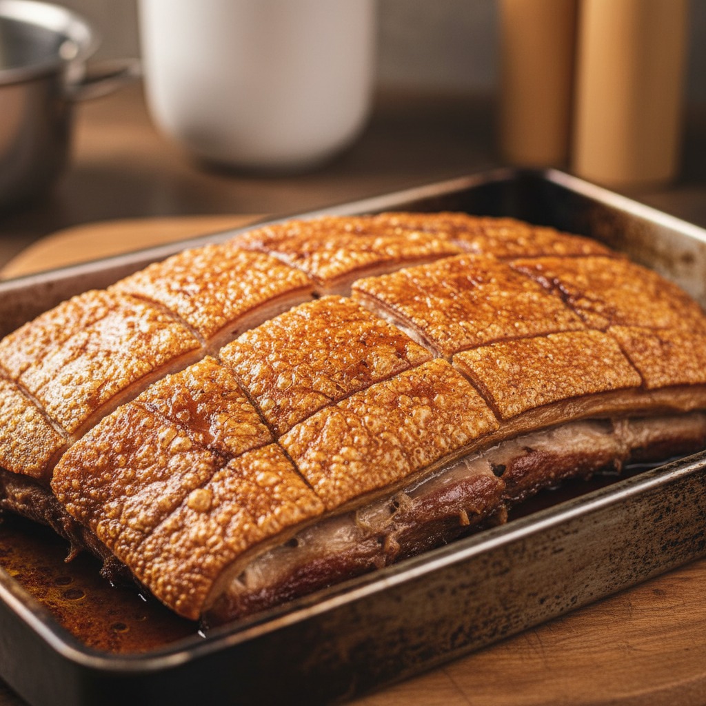 Leitoa assada no forno com pele pururuca crocante e dourada, carne suculenta em assadeira metálica