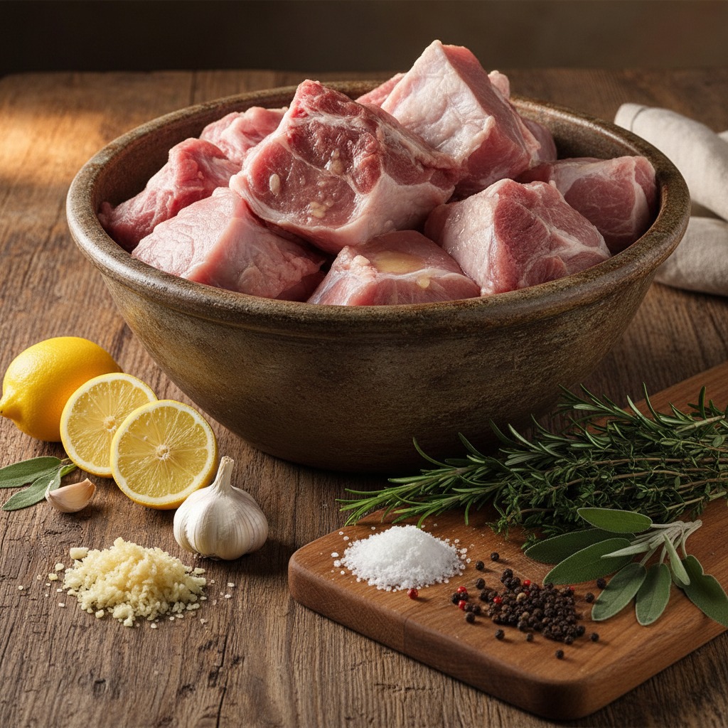 Pedaços grandes de carne suína crua em tigela com alho, limão, sal e ervas para temperar leitoa assada