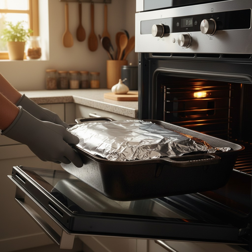 Assadeira grande coberta com papel alumínio sendo colocada no forno para assar leitoa