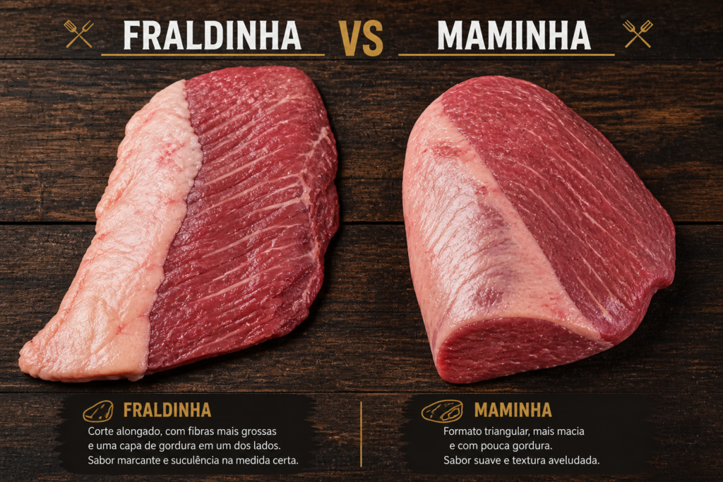 Fraldinha ou maminha para churrasco lado a lado mostrando as diferenças entre os cortes