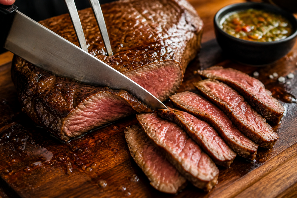Fraldinha assada sendo cortada na tábua de churrasco com carne suculenta ao ponto