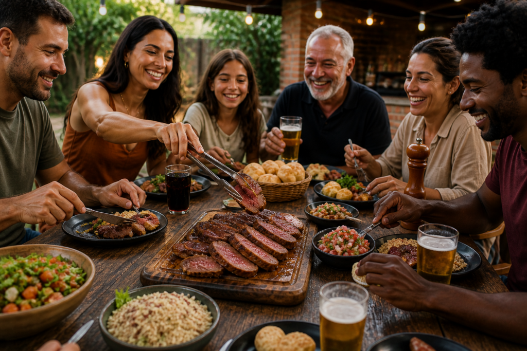 Família reunida em volta da mesa aproveitando churrasco com maminha fatiada ao centro
