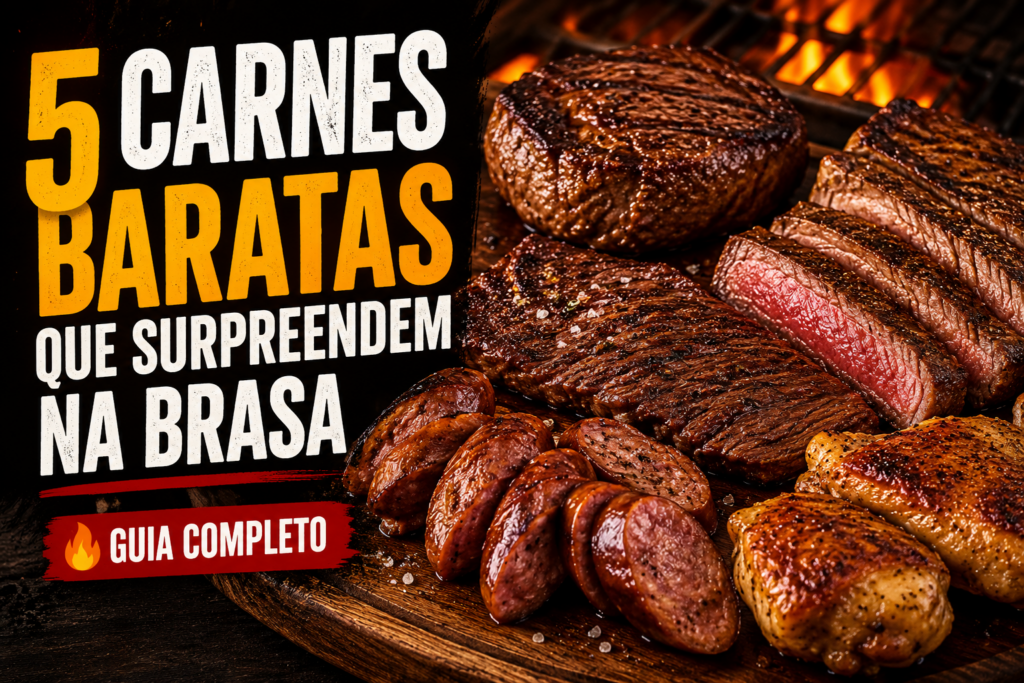 Carnes baratas para churrasco assando na brasa com cortes bovinos variados