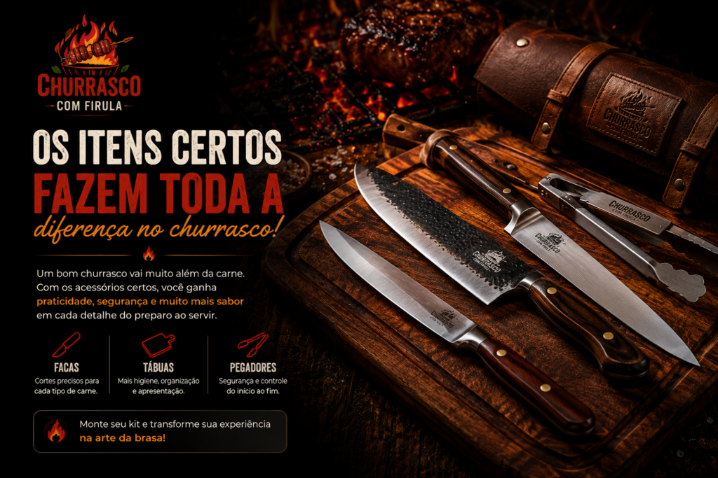 Facas e acessórios essenciais para churrasco organizados sobre tábua de madeira
