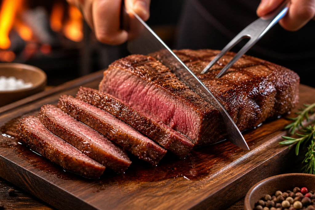 Carne suculenta sendo cortada na tábua durante churrasco