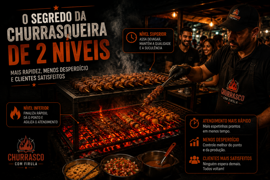 Churrasqueira de dois níveis utilizada para vender espetinhos com mais rapidez, qualidade e menos desperdício.
