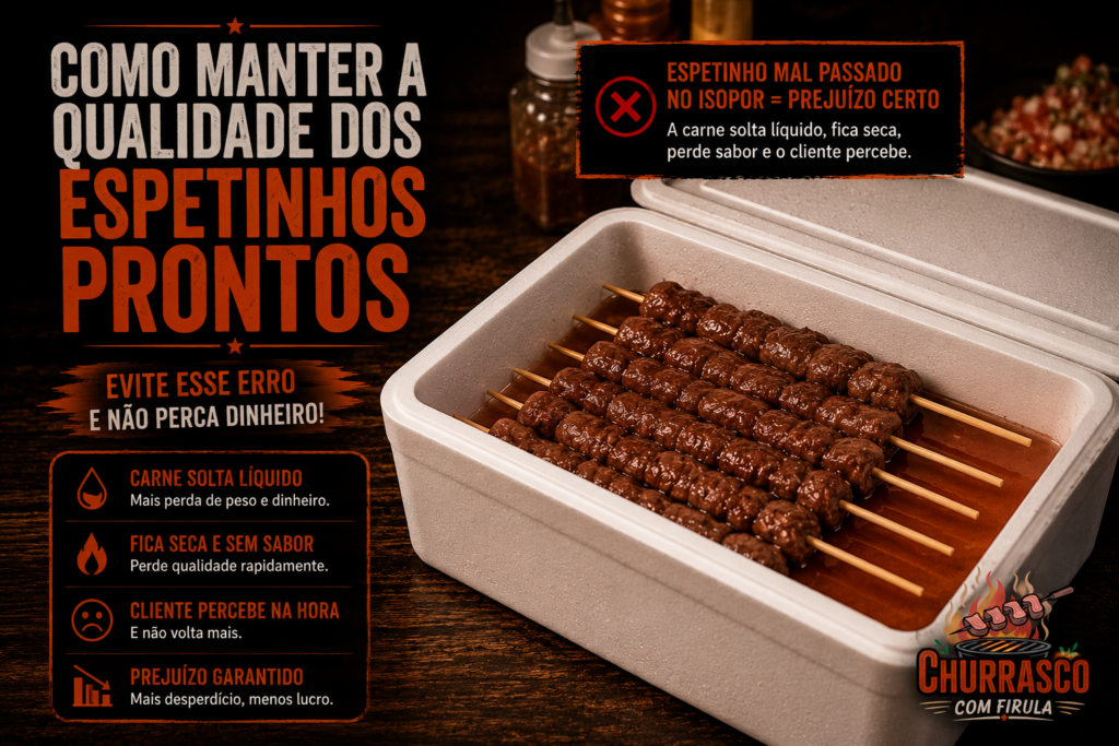 Espetinhos levemente mal passados conservados em isopor para finalizar o cozimento apenas no momento da venda.