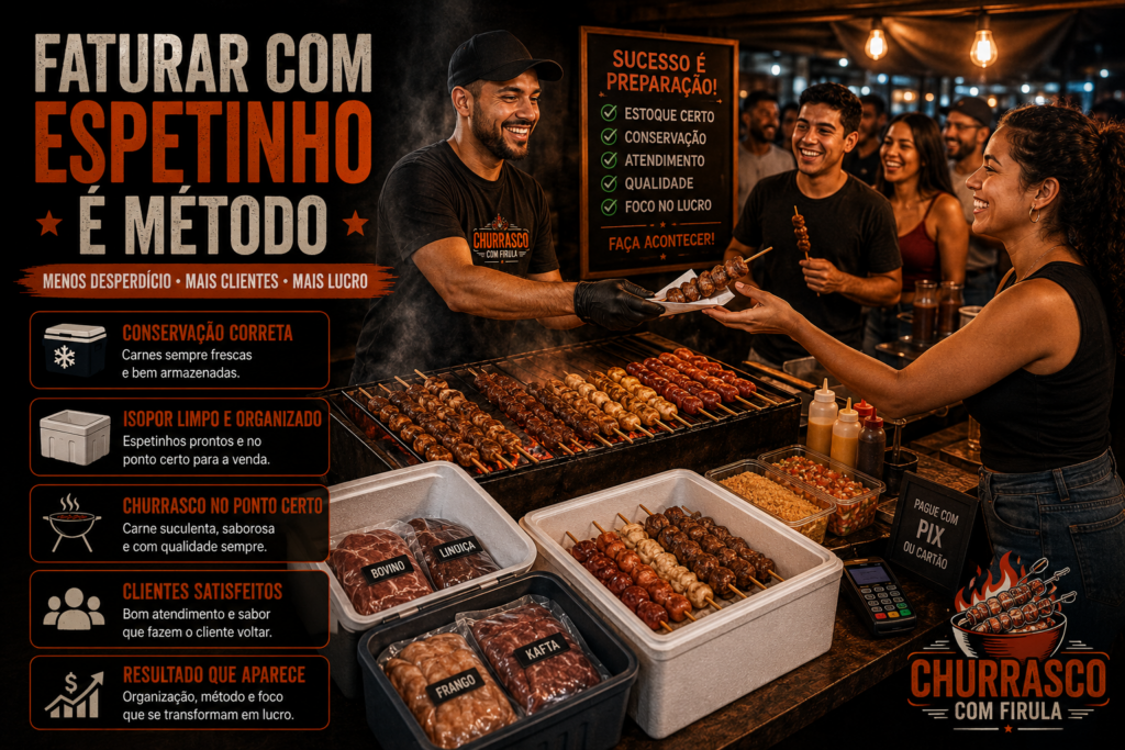 Vendedor de espetinhos atendendo clientes satisfeitos com churrasqueira, cooler, isopor, acompanhamentos e estoque organizado para aumentar o lucro.