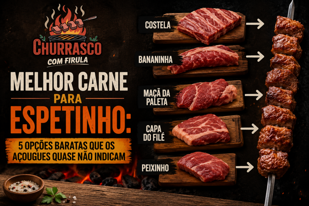 Melhor carne para espetinho com cortes como costela, bananinha, maçã da paleta, capa do filé e peixinho transformados em espetos na churrasqueira