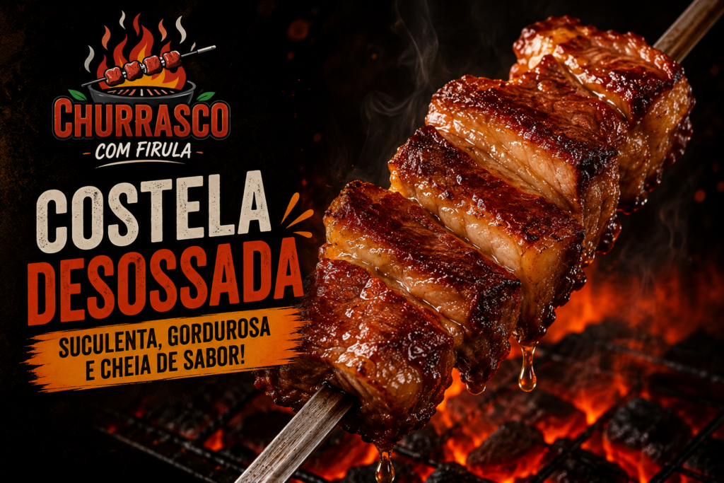 Espetinho de costela desossada assando na churrasqueira com carne suculenta, gordura derretendo e brasa ao fundo